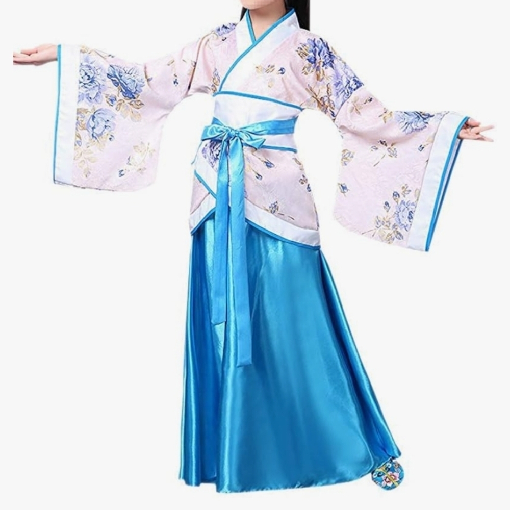 Elegant Blue and White Floral Kimono Dress